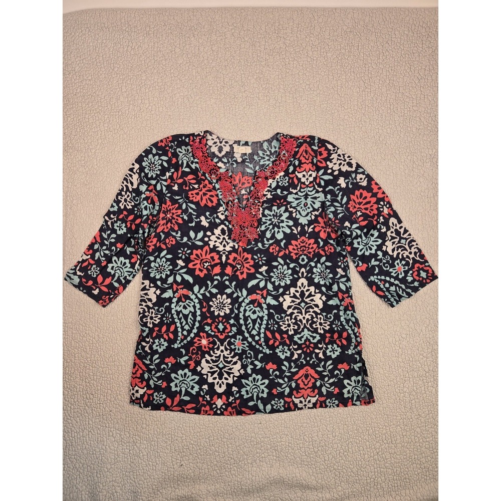 Charter Club Luxury 100% Linen Large Top Beaded Neck Boho Chic Resort Earthy